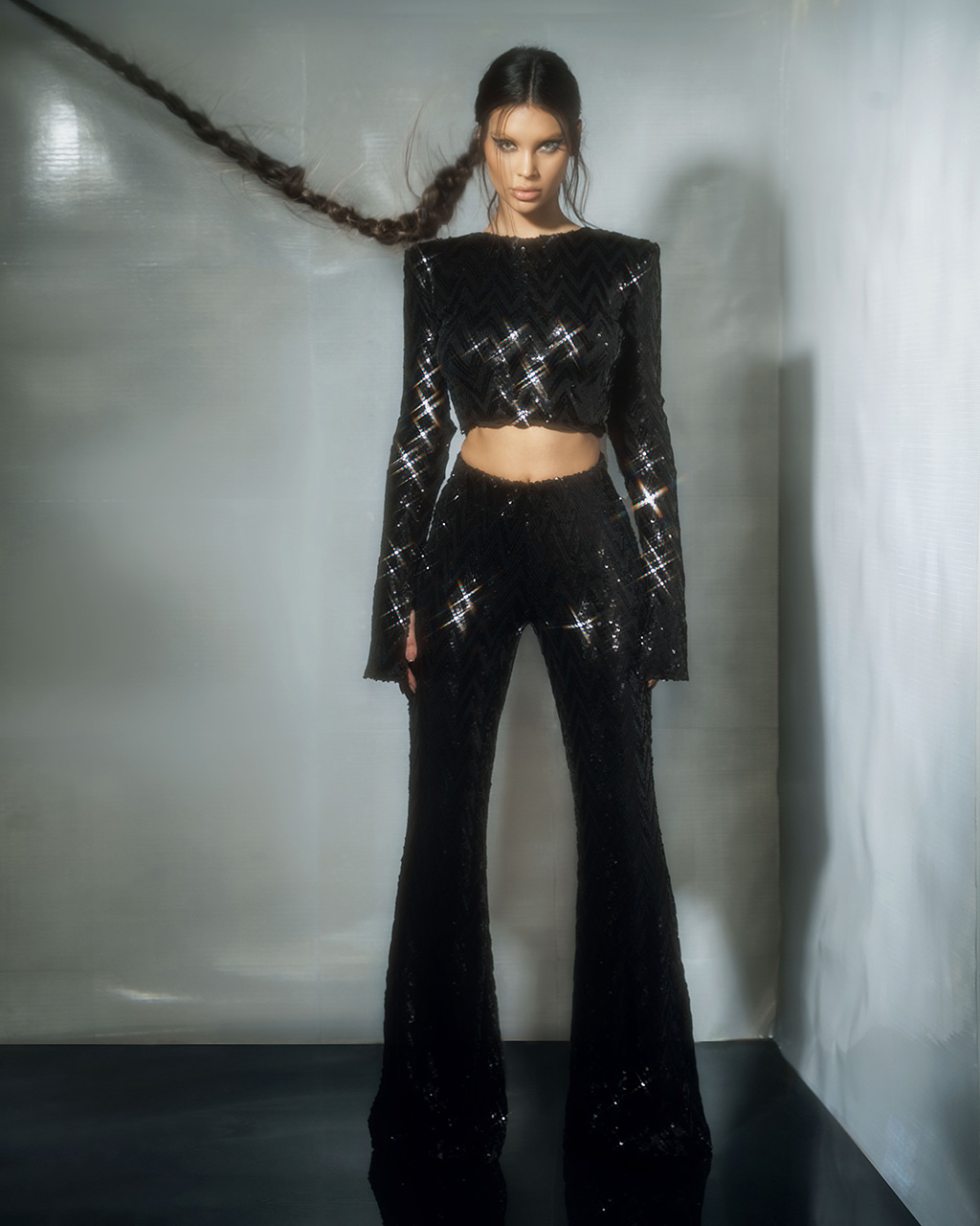 Black Sequin Side Panel Wide Leg Trouser | Simply Be