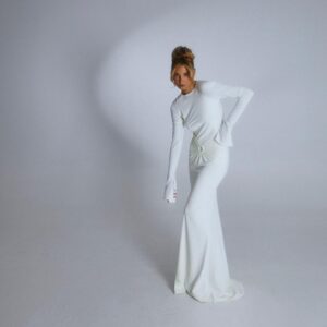 Long-Sleeve-Dramatic-Dress-White White Haute Glam Dress Front